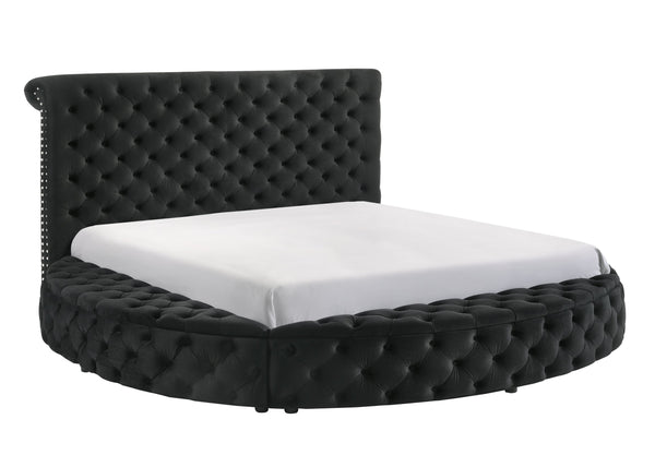 English Elm Luxurious Round Queen Bed with Velvet Tufted Headboard, Studded Accents and Hidden Storage Space Black 54.75 L x 79.5 W x 8.25 H B011S01644