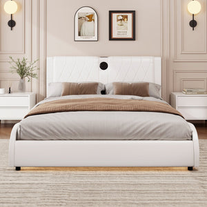English Elm Full Faux Leather Upholstered Bed with Thick Headboard, Bluetooth Speakers, RGB LEDs & Storage White 56.69 L x 19.69 W x 12.99 H N701P241046C