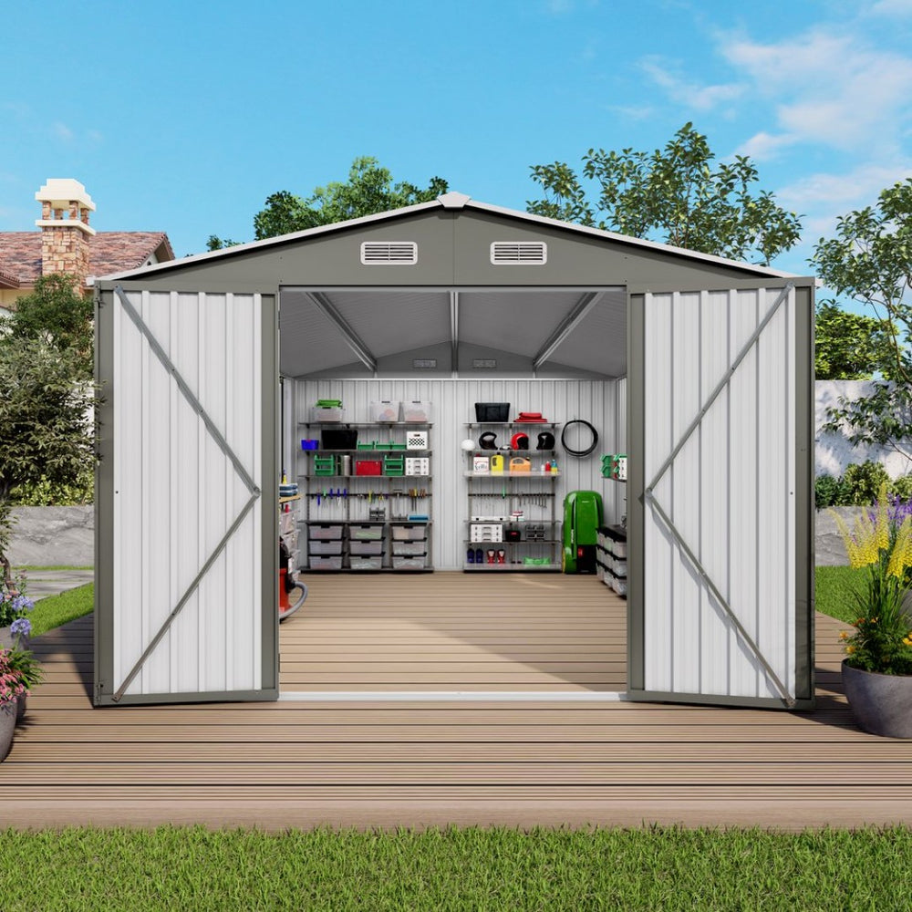 English Elm 10x14 Ft Galvanized Steel Outdoor Storage Shed with Lockable Doors and Vented Window W3213S00004