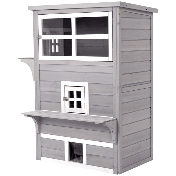English Elm Pawhut 3-Story Cat House - Cozy Multi-Level Feral Shelter With Escape Doors, Jumping Platforms, Grey W2225P200611-GIGA