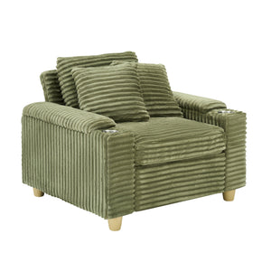 English Elm Green corduroy single sofa with ottoman storage, built-in armrest compartments, removable covers, 57"x41" W1658S00136