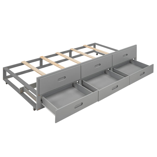 English Elm Full Full Size Platform Bed with Storage Headboard, USB Ports, Twin Trundle & 3 Drawers, Solid Wood Gray GX000720AAE