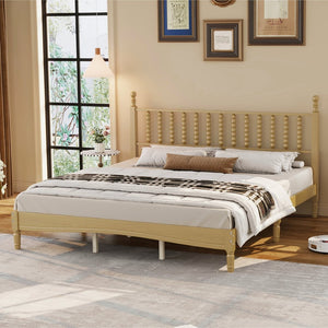 English Elm King Rubberwood Platform Bed Sculptural Gourd Headboard Retro Natural Finish Bedroom N733P338316M