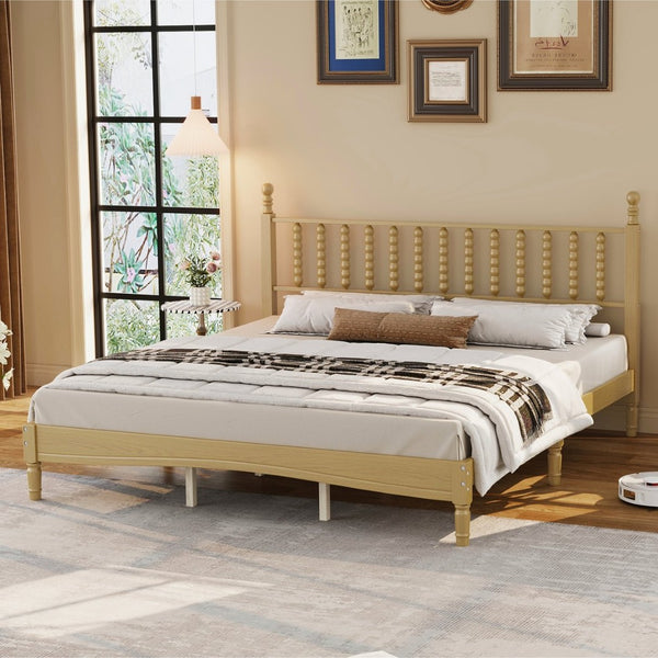 English Elm King Rubberwood Platform Bed Sculptural Gourd Headboard Retro Natural Finish Bedroom N733P338316M