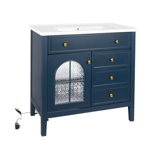 English Elm 35.6" Freestanding Bathroom Vanity with Roman Column Base and Ceramic Integrated Sink Blue W1801S00012