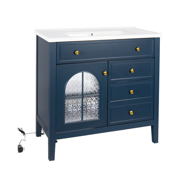 English Elm 35.6" Freestanding Bathroom Vanity with Roman Column Base and Ceramic Integrated Sink Blue W1801S00012