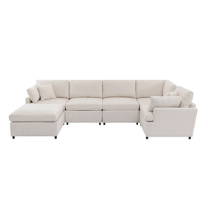 English Elm [ U_STYLE Upholstered Sectional Sofa Removable Ottoman Spacious U-Shape 6-Seat Couch Durable Frame Cozy PP Cotton Fill Beige WY000387AAA