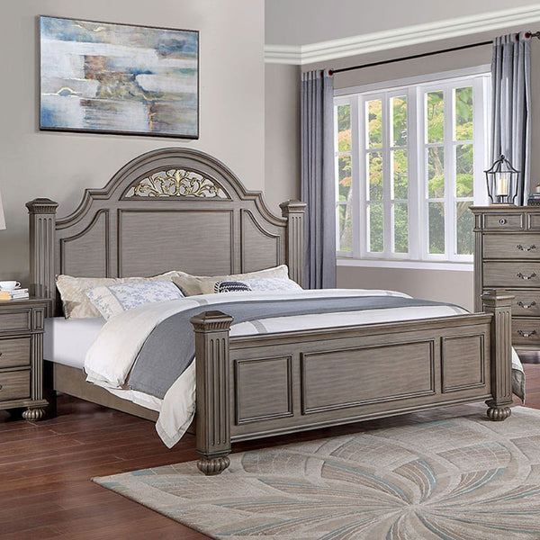 English Elm Queen Panel Bed with Floral Paneled Headboard and Antique Brass Accents, Elegant Contemporary Design Gray 67 L x 50 W x 6 H B2741S00048