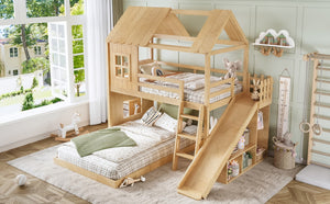 English Elm Twin Over Full Playhouse Bunk Bed with Slide Ladder Storage Shelves and Wardrobe W5305S00040
