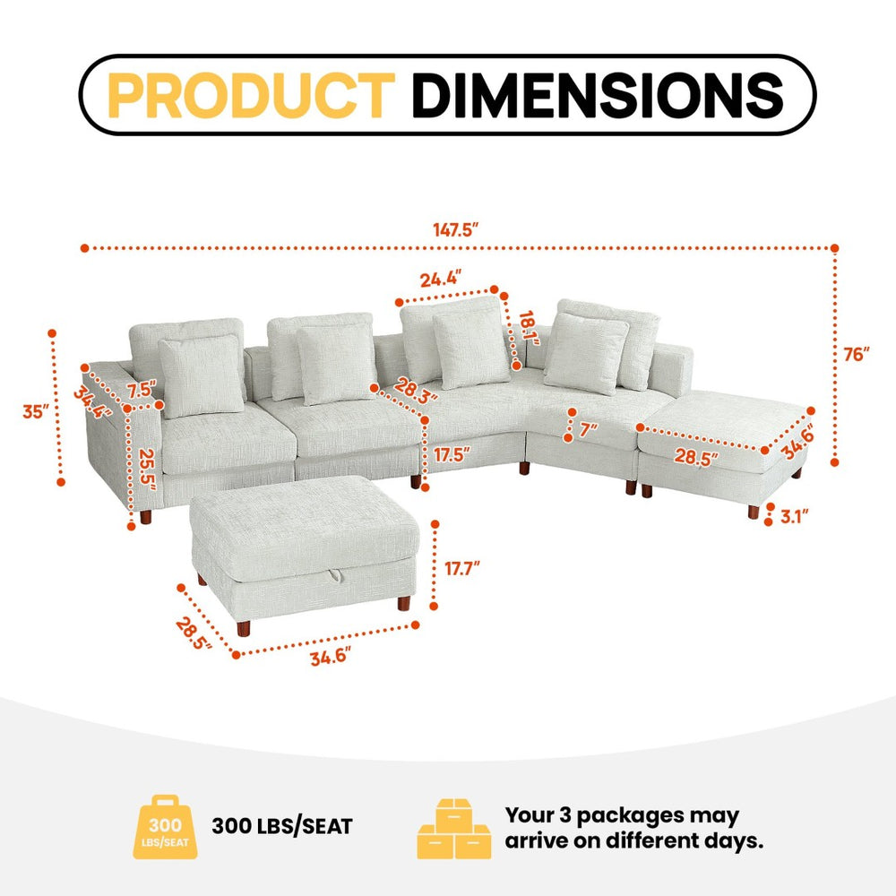 English Elm 147'' Modular Cloud Sectional Chenille Sofa with Two Ottomans for Spacious Living W680S00099
