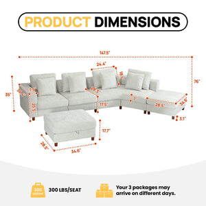 English Elm 147'' Modular Cloud Sectional Chenille Sofa with Two Ottomans for Spacious Living W680S00099