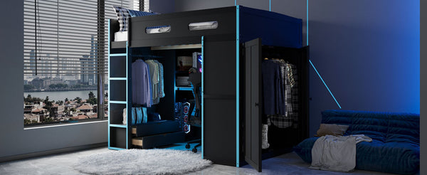 English Elm Full Size Gaming Loft Bed with Rgb Lighting Desk Wardrobe and Built-in Storage Blue LT100261AAC