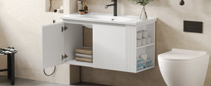 English Elm Christopher Knight Home® - 36" Modern Wall-Mounted Bathroom Vanity with Ceramic Sink, Soft-Close Doors, Fluted Accent & Open Shelves White N817P245322W