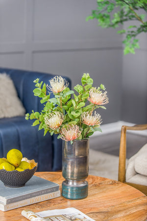 English Elm D5.1x13.2" Stellar Glass Vase with Smokey Blue-Black Gradient, Chrome Accent, Contemporary Hourglass Design W2078P391149