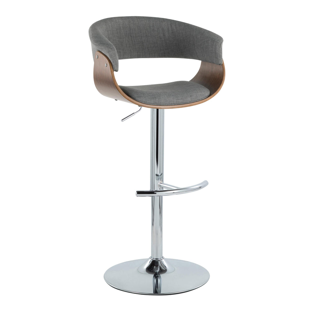 English Elm Vintage Mid-Century Barstool Set of 2 – Adjustable Swivel Height, Grey Fabric, Walnut Accents, Chrome T-Base B202S01083