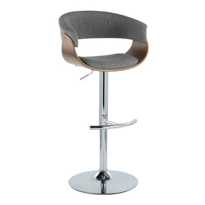English Elm Vintage Mid-Century Barstool Set of 2 – Adjustable Swivel Height, Grey Fabric, Walnut Accents, Chrome T-Base B202S01083