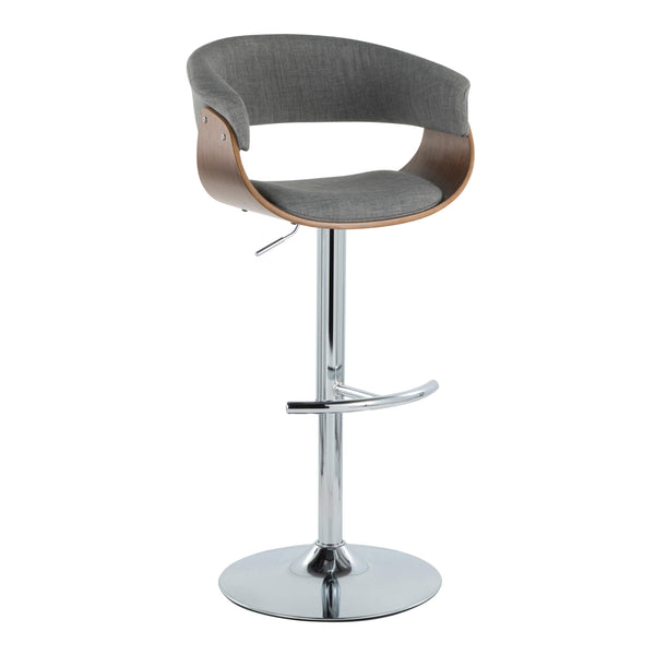 English Elm Vintage Mid-Century Barstool Set of 2 – Adjustable Swivel Height, Grey Fabric, Walnut Accents, Chrome T-Base B202S01083
