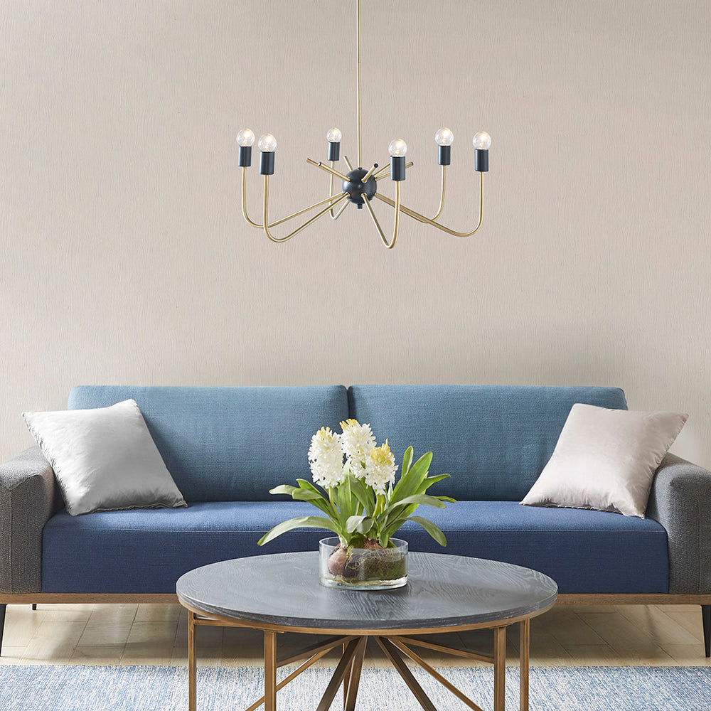 JLA Home Hampton Hill - 6-Light Hampton Hill Alexis Two-Tone Antique Brass & Black Chandelier — Industrial Sculptural Fixture, Ambient Lighting FB150-1162