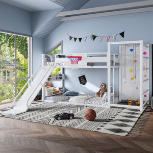 English Elm Twin Metal Loft Bed with Slide Basketball Hoop Climbing Wall and Built-in Shelves White W1580S00633