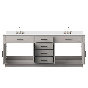 English Elm White Oak Double Bath Vanity 84" W X 22" D With White Quartz Top & Chrome Faucet Set For Luxury Bathrooms B2731P257884-GIGA