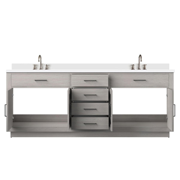 English Elm White Oak Double Bath Vanity 84" W X 22" D With White Quartz Top & Chrome Faucet Set For Luxury Bathrooms B2731P257884-GIGA