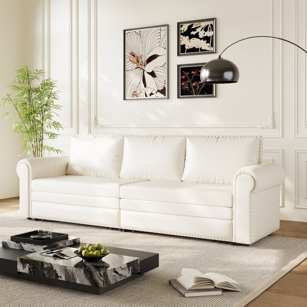 English Elm Chesterfield Velvet King Sleeper Sofa with Nailhead Trim and Rolled Arms for Living Room Beige+White W1885S00362
