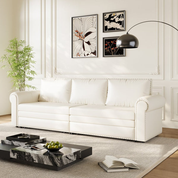 English Elm Chesterfield Velvet King Sleeper Sofa with Nailhead Trim and Rolled Arms for Living Room Beige+White W1885S00362
