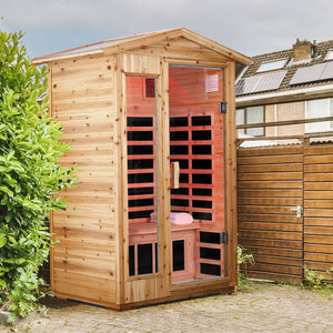 English Elm Two Person Old Fir Outdoor Far Infrared Sauna with Bluetooth and Lcd Controls W632S00010