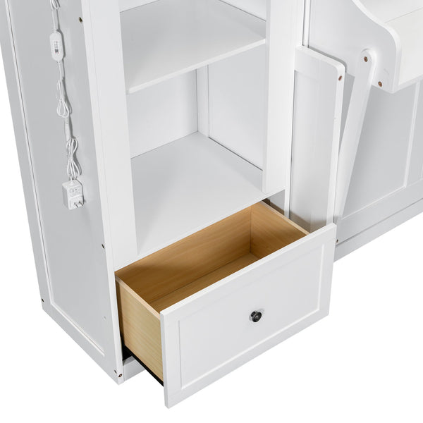 English Elm Queen Murphy Platform Bed with Foldaway Cabinet, Built-In LED, Side Cabinets & Drawers for Small Spaces White N7090002226K