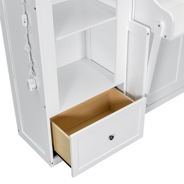 English Elm Queen Murphy Bed with Led Lighting Side Cabinets Shelving and Fold Down Desk Panel White N7090002226K-1