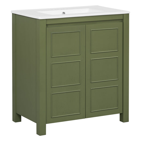 English Elm 30'' 30'' Farmhouse Bathroom Vanity Olive Green with Ceramic Sink, Adjustable Shelves, Soft-Close Doors, Rustic Wood Frame N729P290712F