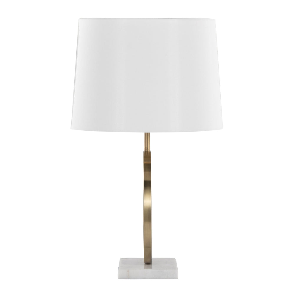 English Elm Moon Contemporary Table Lamp White Marble Base & Gold Frame with Linen Shade – Modern Desk Accent B202P224219