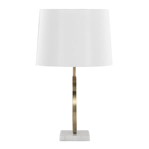 English Elm Moon Contemporary Table Lamp White Marble Base & Gold Frame with Linen Shade – Modern Desk Accent B202P224219