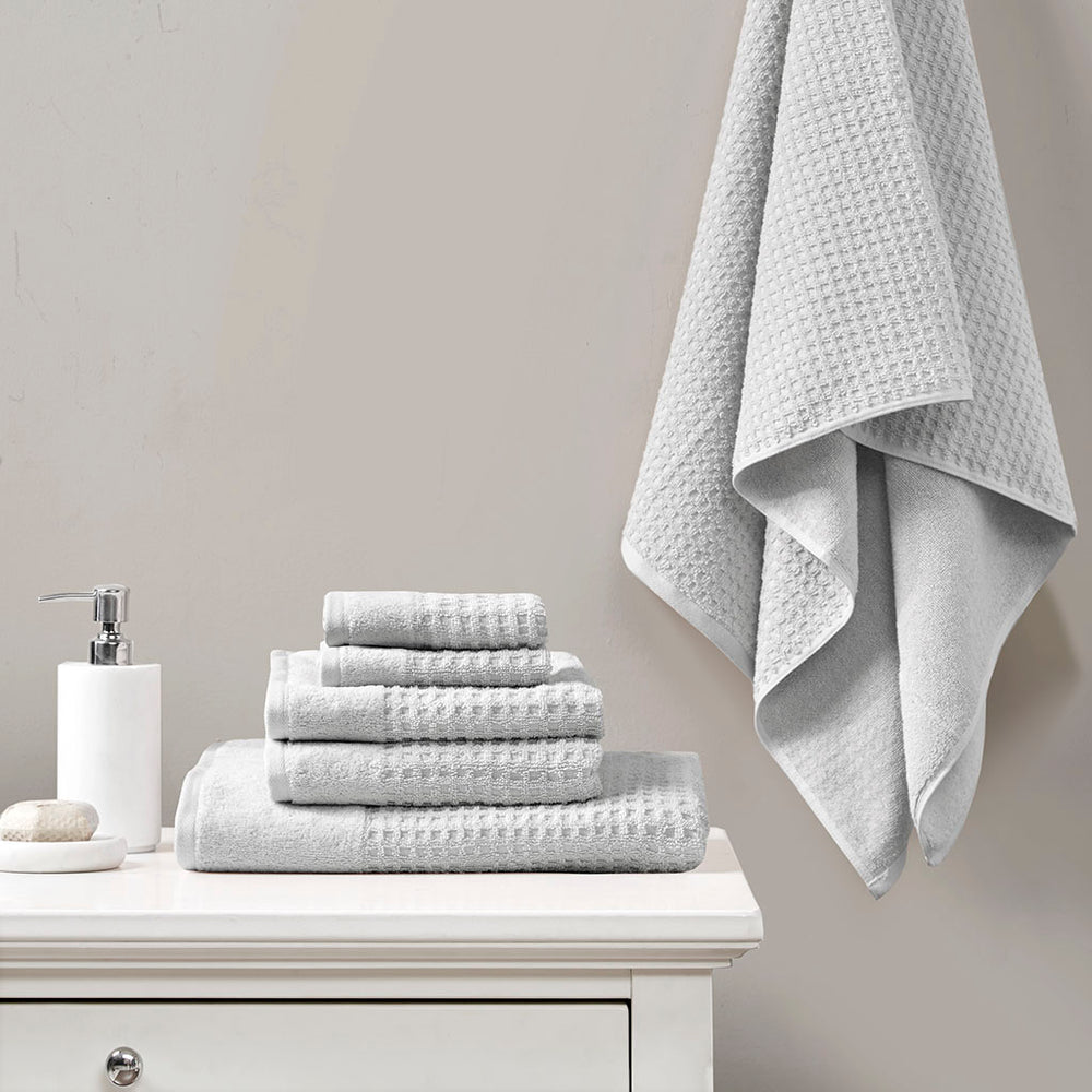 JLA Home Madison Park - Cotton Waffle Jacquard Antimicrobial Bath Towels 6-Piece Spa Set — Quick-Dry, OEKO-TEX Certified, Plush Grey MP73-5915