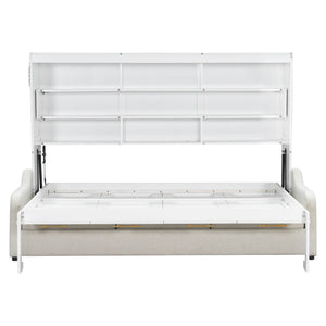 English Elm Full Size Murphy Cabinet Bed With Sofa, Built-In Storage & Led Lights - Stylish Space Saver In Beige N7090000602A