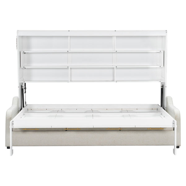 English Elm Full Size Murphy Cabinet Bed With Sofa, Built-In Storage & Led Lights - Stylish Space Saver In Beige N7090000602A