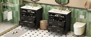 English Elm 60'' Elegant Black Bathroom Vanity Set With Ceramic Sink, 6 Drawers, Solid Wood Frame & Storage N710SS00003B