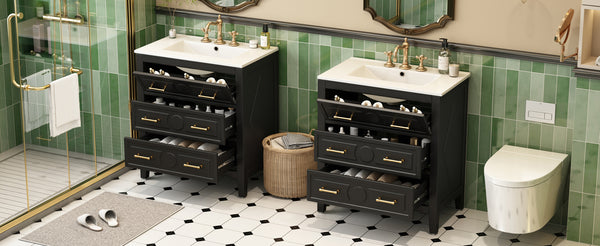 English Elm 60'' Elegant Black Bathroom Vanity Set With Ceramic Sink, 6 Drawers, Solid Wood Frame & Storage N710SS00003B