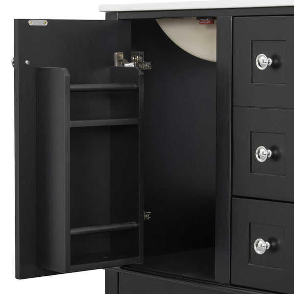 English Elm 24-inch Matte Bathroom Vanity Rubberwood Cabinet with Ceramic Sink and Soft-close Drawers Black N729P377516B
