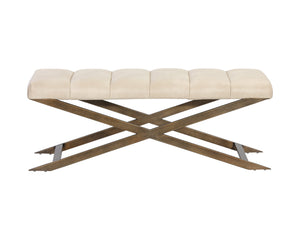 Sunpan Kammi Elegant Modern Bench with Antique Brass X-Base and Channel Tufting for Timeless Style Bravo Cream