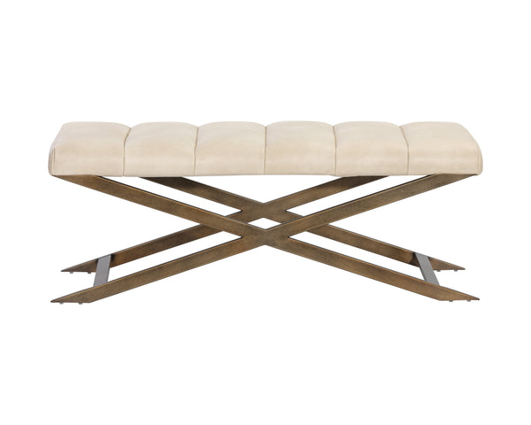 Sunpan Kammi Elegant Modern Bench with Antique Brass X-Base and Channel Tufting for Timeless Style Bravo Cream