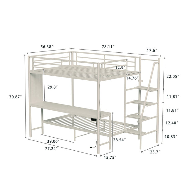 English Elm Black Metal Loft Bed with Built-in Desk Rgb Led Lighting and Charging Station White W1671S00010