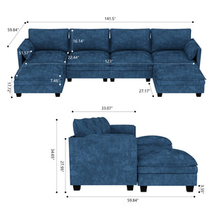 English Elm 141.5'' Large U-Shaped 6-Seater Sofa With Movable Ottoman, Modern Fabric Couch For Ultimate Comfort W680S00042