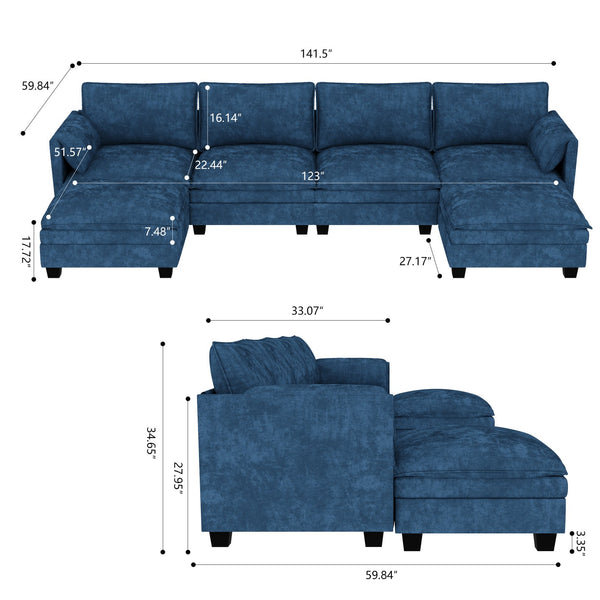 English Elm 141.5'' Large U-Shaped 6-Seater Sofa With Movable Ottoman, Modern Fabric Couch For Ultimate Comfort W680S00042