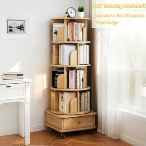 English Elm 5 Tier Rotating Bookshelf Tower with Curved Edges, 360° Smooth Spin, Stable Double-Layer Base, Space-Saving Storage Oak W3204P293695