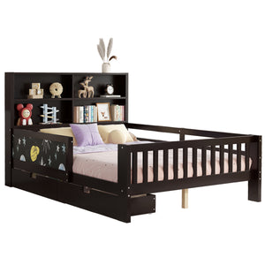English Elm Full Solid Wood Platform Bed with Chalkboard Headboard, Storage Drawers & Shelves, Kid-Friendly White Espresso W1580P362709