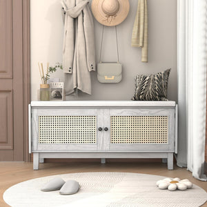 English Elm Trexm Bohemian Rattan Storage Bench Cushioned Seat Shoe Cabinet for Entryway Beige,Gray Wash N715P308012E