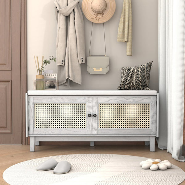 English Elm Trexm Bohemian Rattan Storage Bench Cushioned Seat Shoe Cabinet for Entryway Beige,Gray Wash N715P308012E