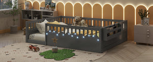 English Elm Full Montessori floor bed offering high rails, built-in light and shelf for safe independent sleep and storage Grey 79.13 L x 13 W x 6.3 H W2593P333796