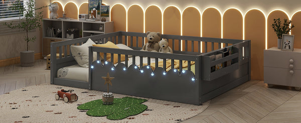 English Elm Full Montessori floor bed offering high rails, built-in light and shelf for safe independent sleep and storage Grey 79.13 L x 13 W x 6.3 H W2593P333796